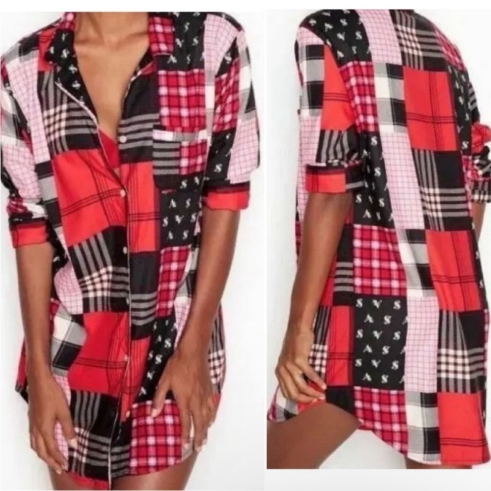 Victorias Secret Flannel S Patchwork Sleep Shirt Button Down Nightgown Red Plaid